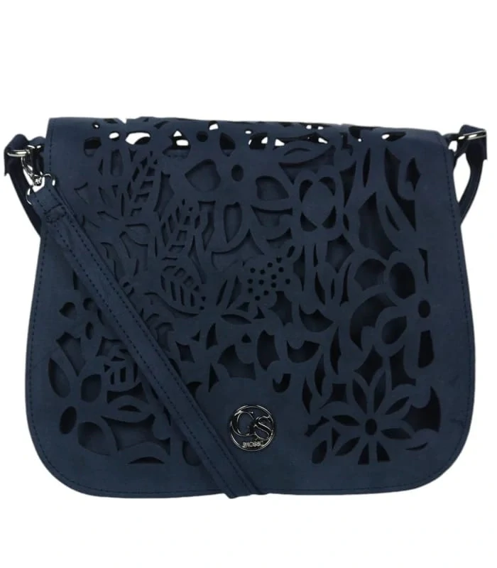 Modrá crossbody kabelka s vylaserovanými vzormi na preklope GROSSO 30x25x10