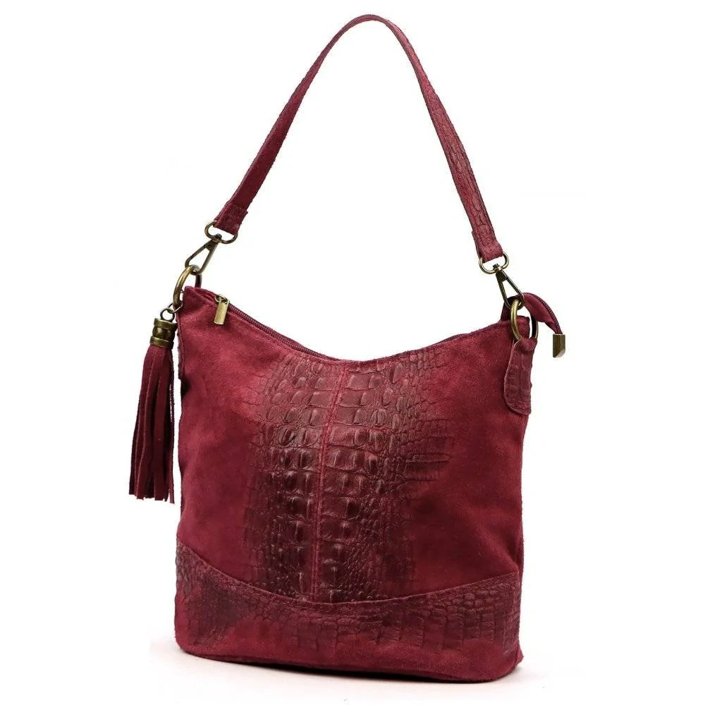 Krásna tmavo-červená kožená crossbody kabelka na plece s krokodílím vzorom Grosso 25x25x15