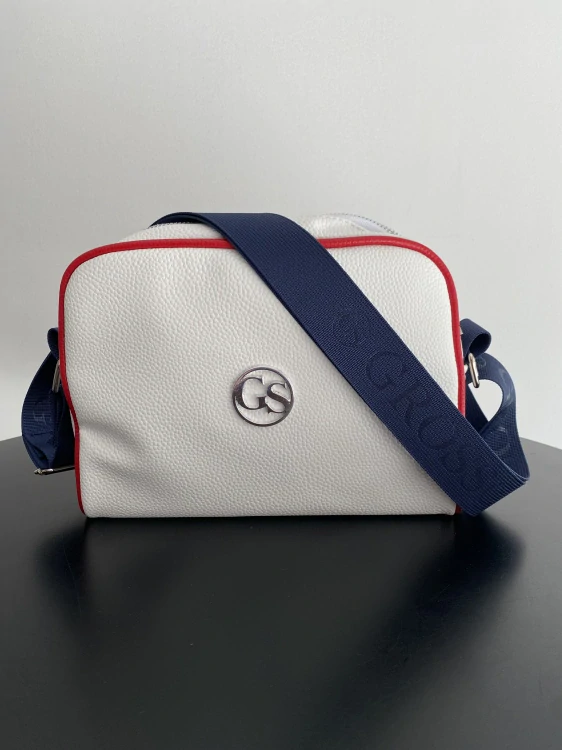 Biela crossbody kabelka Grosso s červeným lemovaním a modrým popruhom 25x19x7 cm