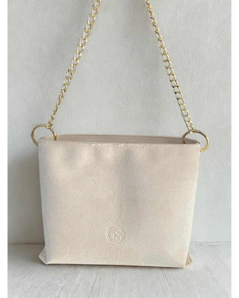 Béžová semišová crossbody kabelka so zlatou retiazkou Grosso GS – 25x20x9 cm