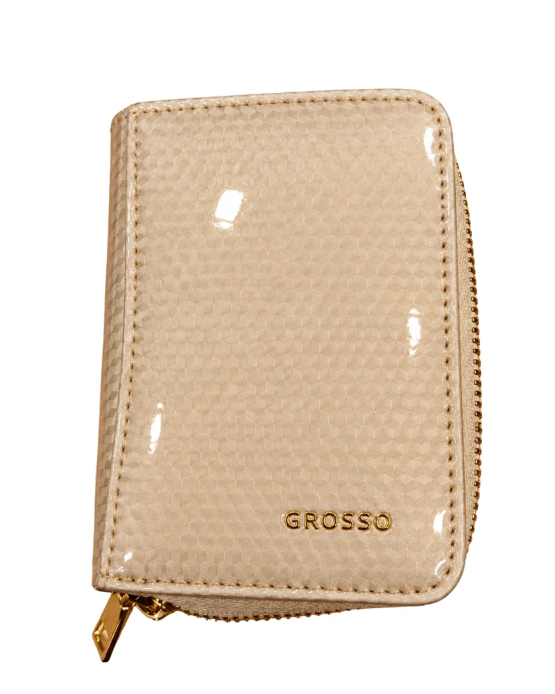👛 Malá dámska béžová lakovaná kožená peňaženka Grosso s 3D kockovaným vzorom 10x7x3 cm