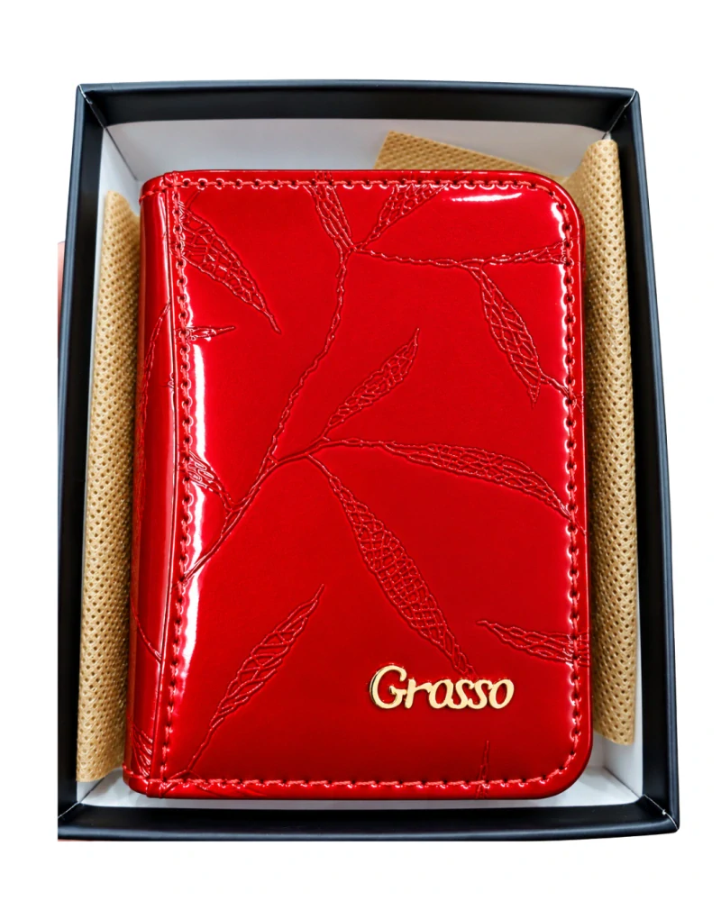 👛 Malá dámska červená lakovaná kožená peňaženka Grosso s reliéfnym vzorom listov 10x7x3 cm