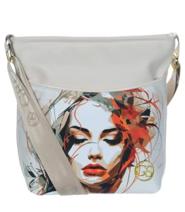 Béžová crossbody kabelka so zlatým zipsom a farebnou potlačou Grosso 26x24x12