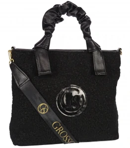 Čierna kabelka s ozdobnými rúčkami a fleecovou prednou časťou Grosso 34x34x14