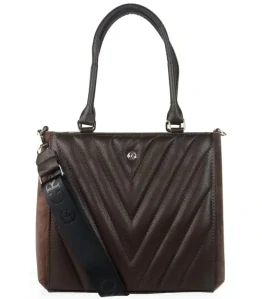 Pevná hnedá elegantná kabelka s V-vzorom s rúčkami a ramienkom Grosso 32x27x10