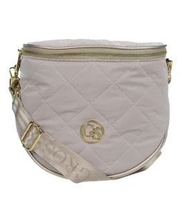 Béžová prešívaná crossbody kabelka so zlatou rúčkou a ramienkom s nápisom Grosso 24x23x12