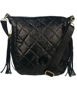 Čierna prešívaná crossbody kabelka s rúčkou, strapcami a s ramienkom s nápisom Grosso 34x32x14