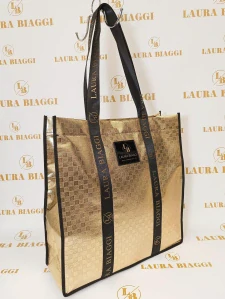 Veľká zlatá jednoduchá elegantná nákupná taška shopper bag Laura Biaggi 42x41x15