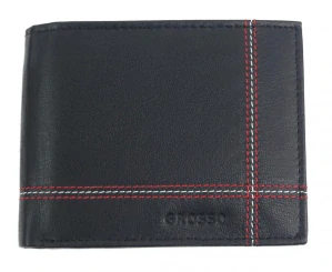 Čierna kožená peňaženka na šírku bez pracky s bielo-červeným prešívaním Grosso 12x10x3