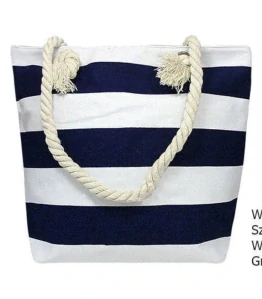 Plážová taška s kapsičkou na zips biela s tmavomodrými pásmi 36x31x11