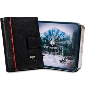 Čierna kožená peňaženka s červeným pásom na výšku s prackou Peterson 13x10x3