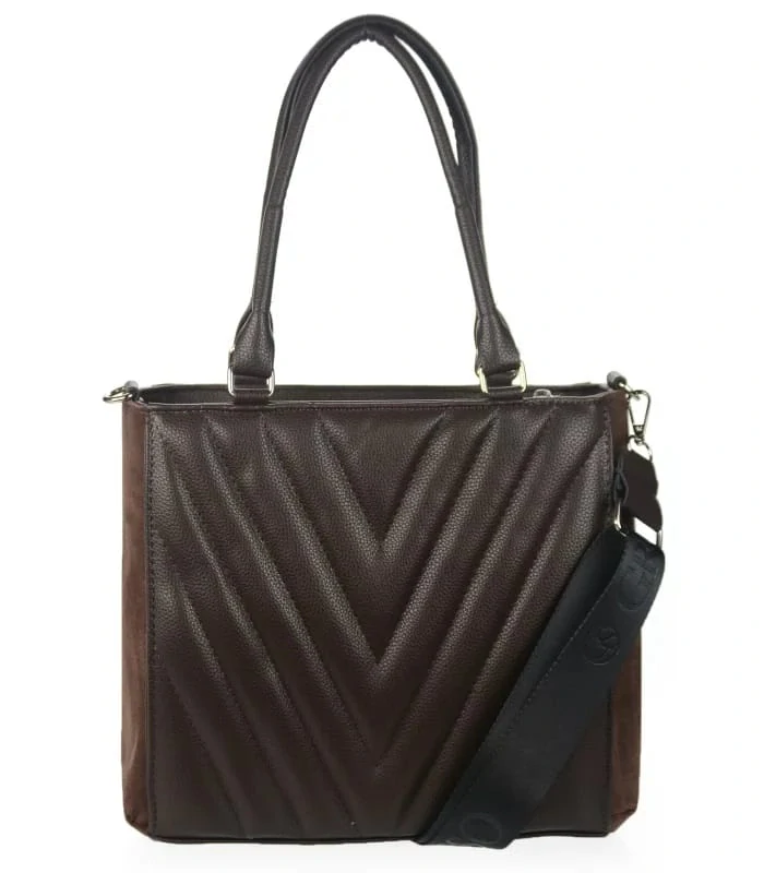 Pevná hnedá elegantná kabelka s V-vzorom s rúčkami a ramienkom Grosso 32x27x10