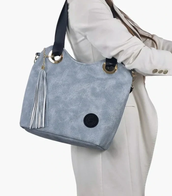 Väčšia mäkká rifľová kabelka s nápisom na rúčke a ramienkom Grosso 38x32x16