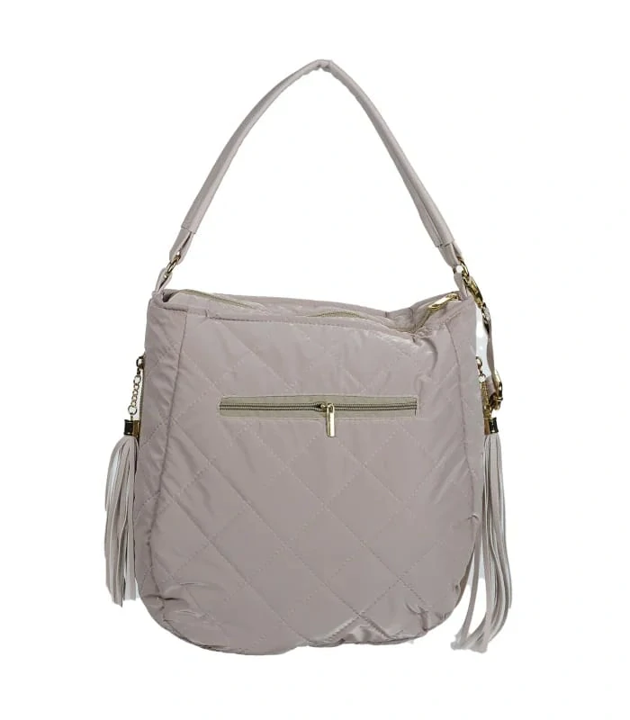 Béžová prešívaná crossbody kabelka s rúčkou, strapcami a s ramienkom s nápisom Grosso 34x32x14