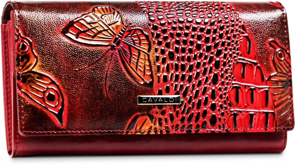 Dámska červená elegantná peňaženka so vzorom s motýľmi Cavaldi 19x10x3