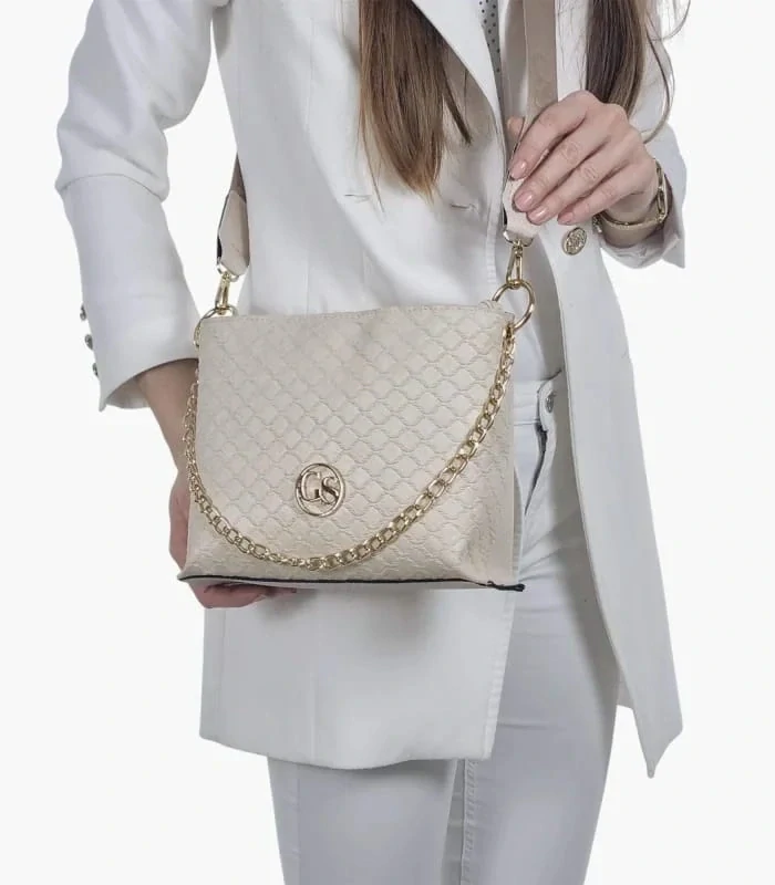 Béžová vzorovaná crossbody kabelka so zlatou retiazkou a remienkom Grosso 25x20x9