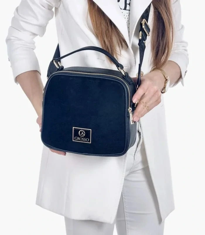 Tmavo-modrá crossbody kabelka so zlatými aplikáciami s rúčkou Grosso 24x22x10