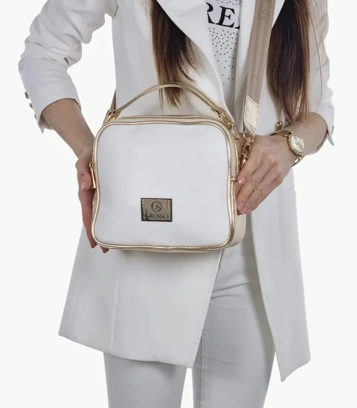 Bielo-zlatá crossbody kabelka so zlatými aplikáciami s rúčkou Grosso 24x22x10