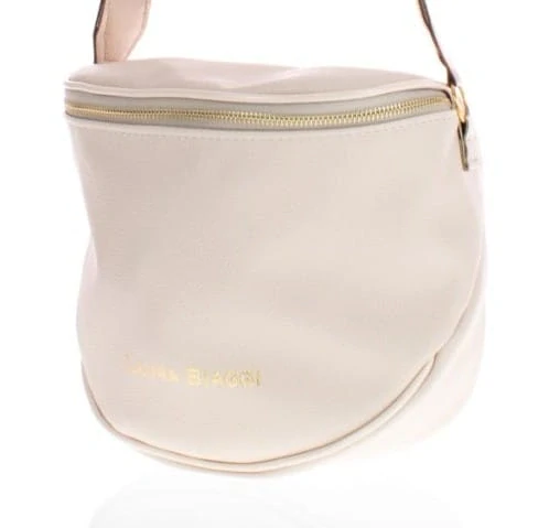 Béžová crossbody kabelka so zlatým zipsom a nápisom Laura Biaggi 24x23x12