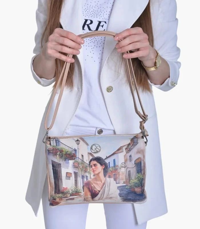 Praktická svetlohnedá crossbody kabelka s portrétom a 3 kapsami Grosso 28x20x8