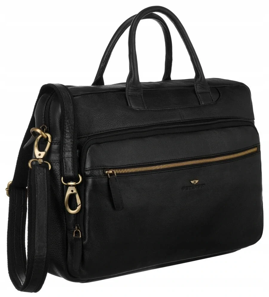 Priestranná čierna pánska kožená taška na notebook z pravej kože Peterson 46x33x9