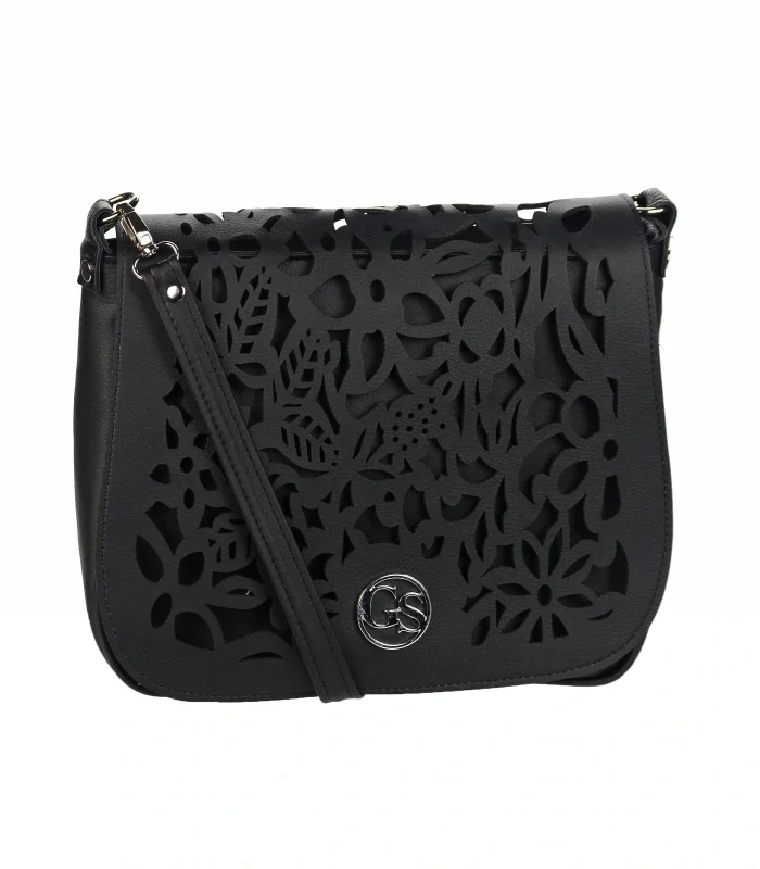 Čierna crossbody kabelka s vylaserovanými vzormi na preklope GROSSO 30x25x10