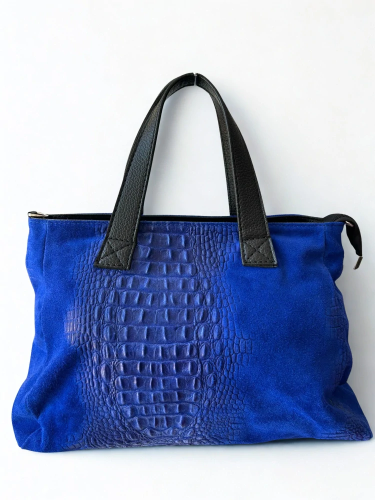 Krásna parížska modrá kožená crossbody kabelka Grosso s krokodílím vzorom 40x24x14