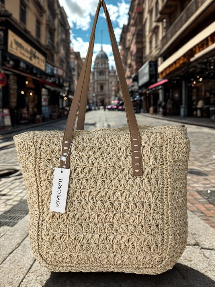 Väčšia slamená kabelka na plece s dlhými rúčkami Turbobags 40x30x12