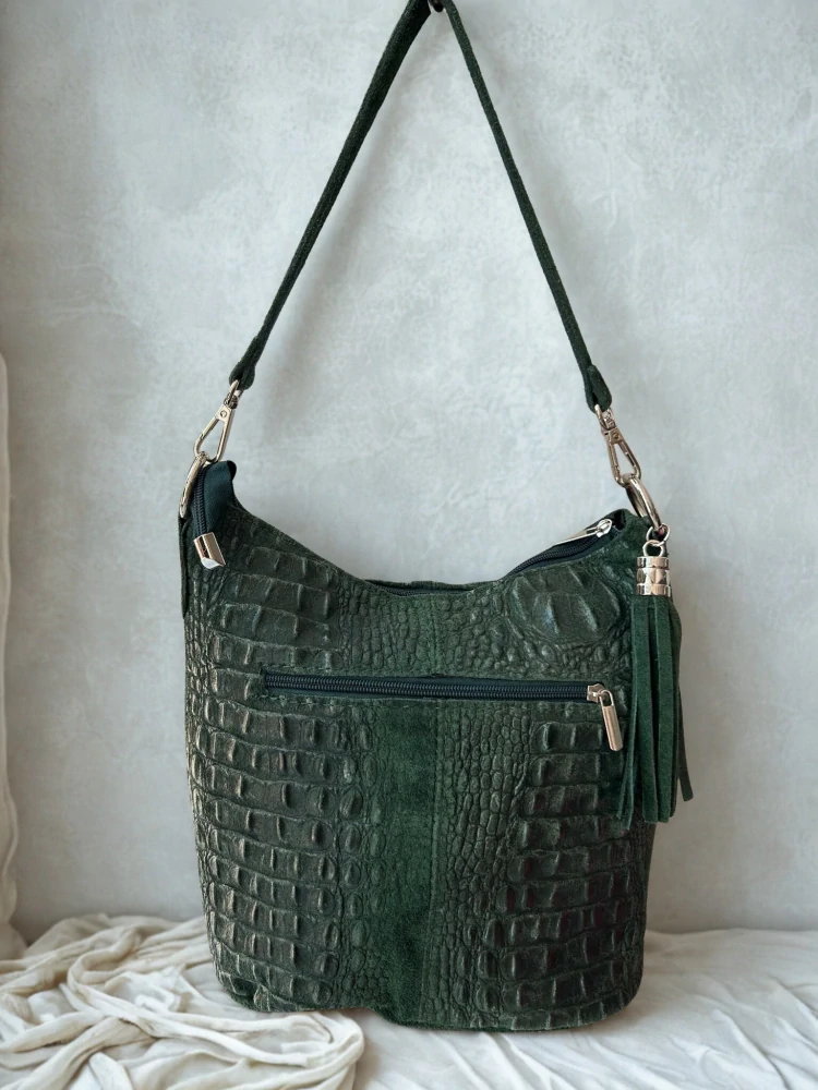 Krásna zelená kožená crossbody kabelka na plece s krokodílím vzorom Grosso 25x25x15
