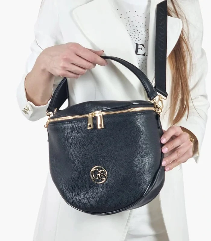 Čierna crossbody kabelka s rúčkou, ramienkom a so zlatým zipsom Grosso 24x23x12