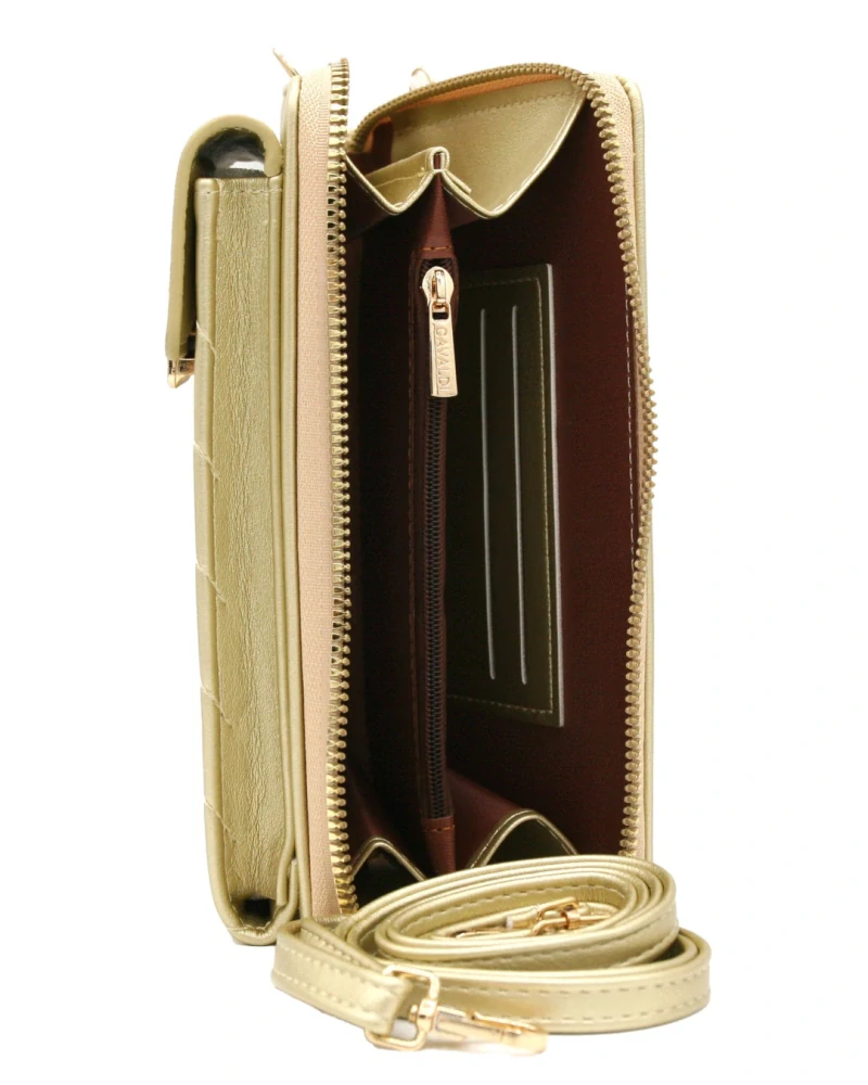 Zlatá elegantná crossbody kabelka/peňaženka Cavaldi s remienkom 20x11x4.5