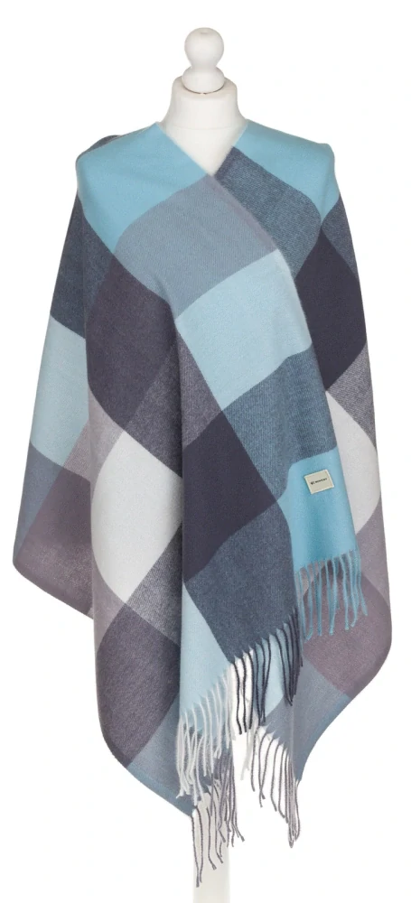 Veľký dámsky modrý šál károvaného vzoru so strapcami Rovicky 180/70