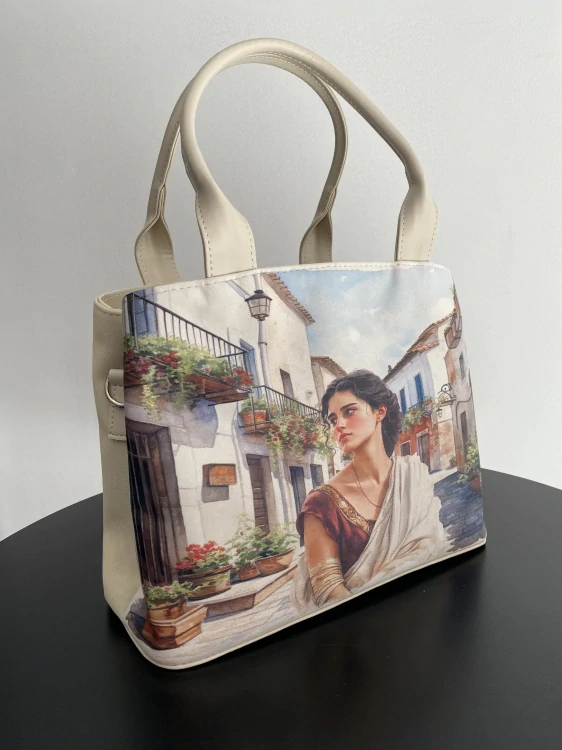 Veľká béžová crossbody kabelka Grosso – Portrét ženy 30x23x15 cm