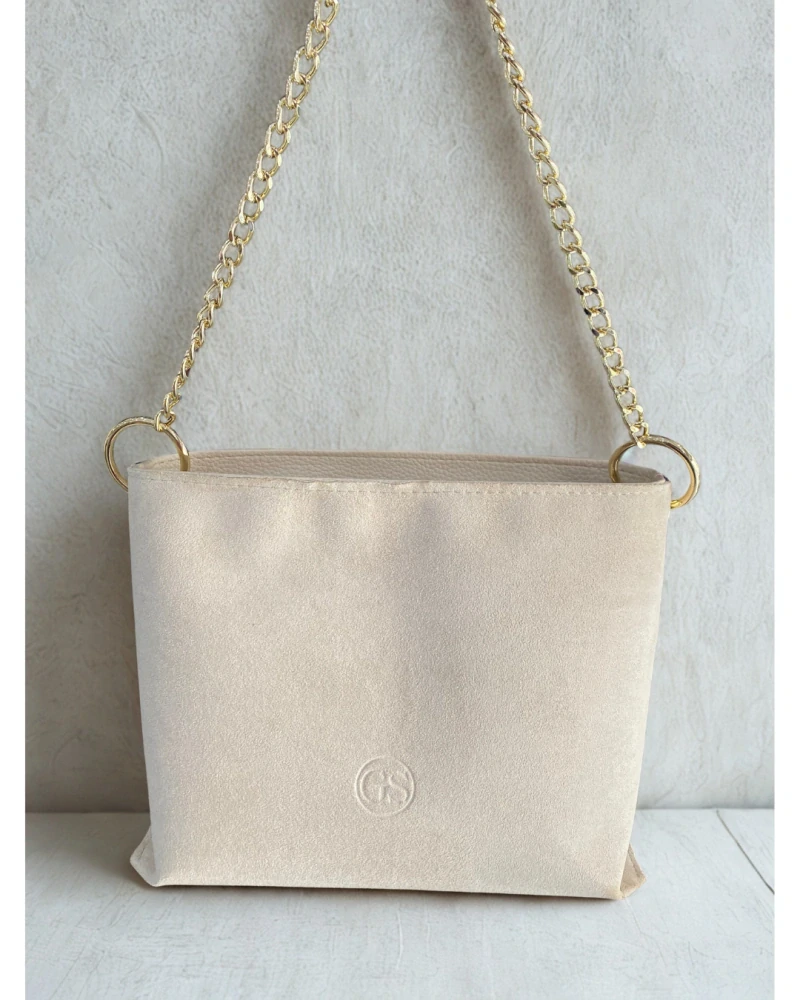 Béžová semišová crossbody kabelka so zlatou retiazkou Grosso GS – 25x20x9 cm