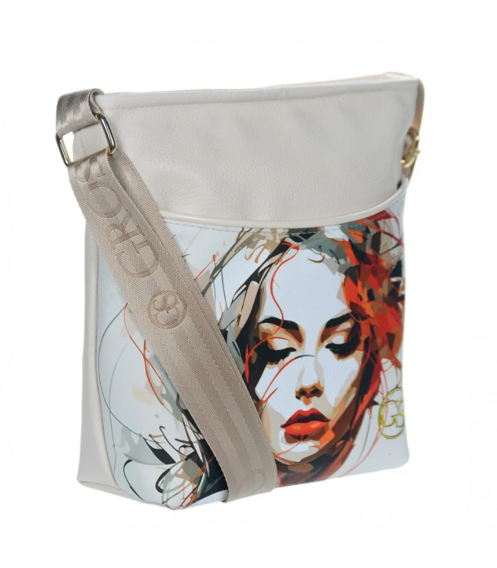 Béžová crossbody kabelka so zlatým zipsom a farebnou potlačou Grosso 26x24x12