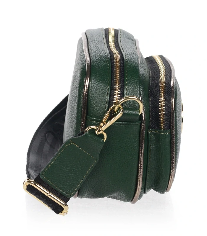 Malá tmavozelená crossbody kabelka so zlatými zipsami Grosso 22x16x10