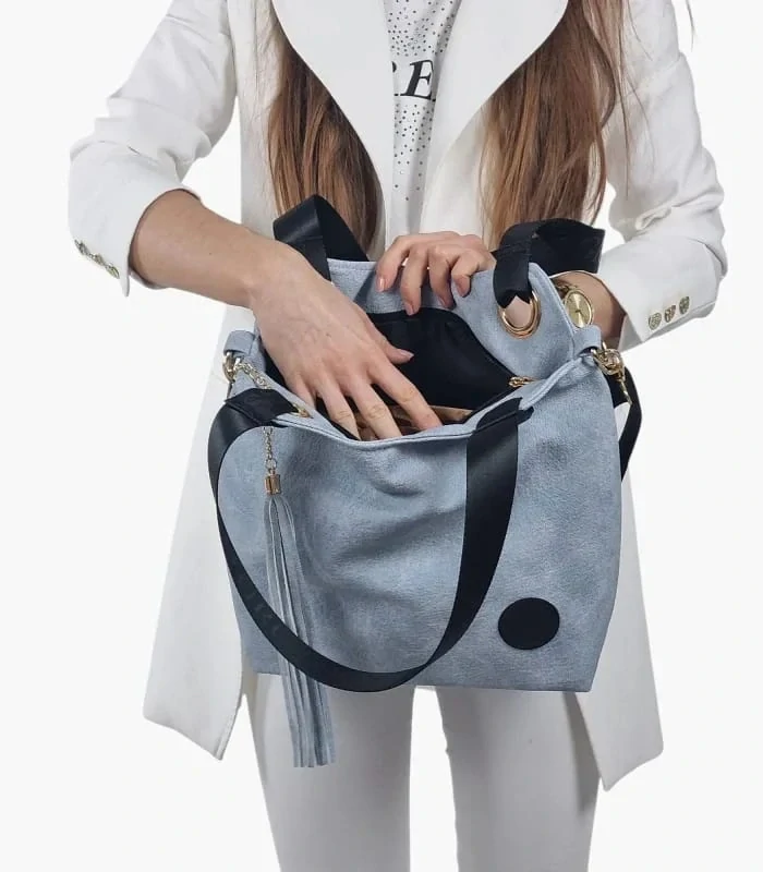 Väčšia mäkká rifľová kabelka s nápisom na rúčke a ramienkom Grosso 38x32x16