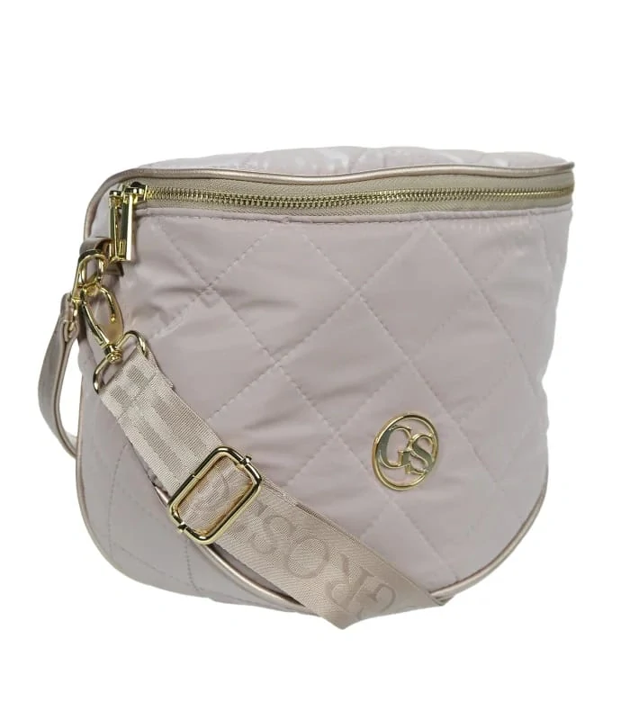 Béžová prešívaná crossbody kabelka so zlatou rúčkou a ramienkom s nápisom Grosso 24x23x12