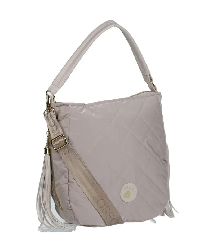 Béžová prešívaná crossbody kabelka s rúčkou, strapcami a s ramienkom s nápisom Grosso 34x32x14
