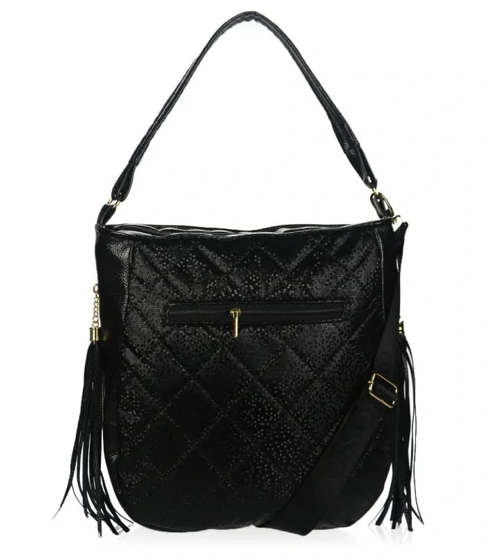 Čierna prešívaná crossbody kabelka s rúčkou, strapcami a s ramienkom s nápisom Grosso 34x32x14