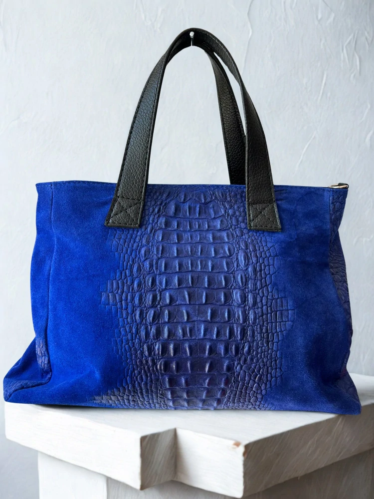 Krásna parížska modrá kožená crossbody kabelka Grosso s krokodílím vzorom 40x24x14