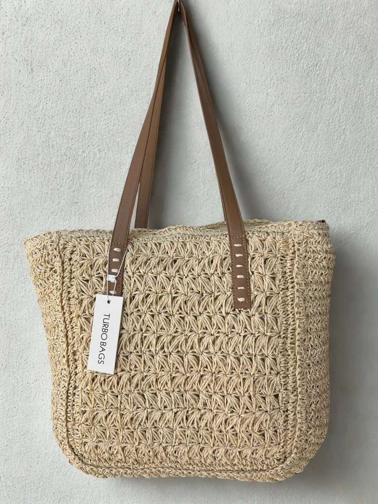 Väčšia slamená kabelka na plece s dlhými rúčkami Turbobags 40x30x12
