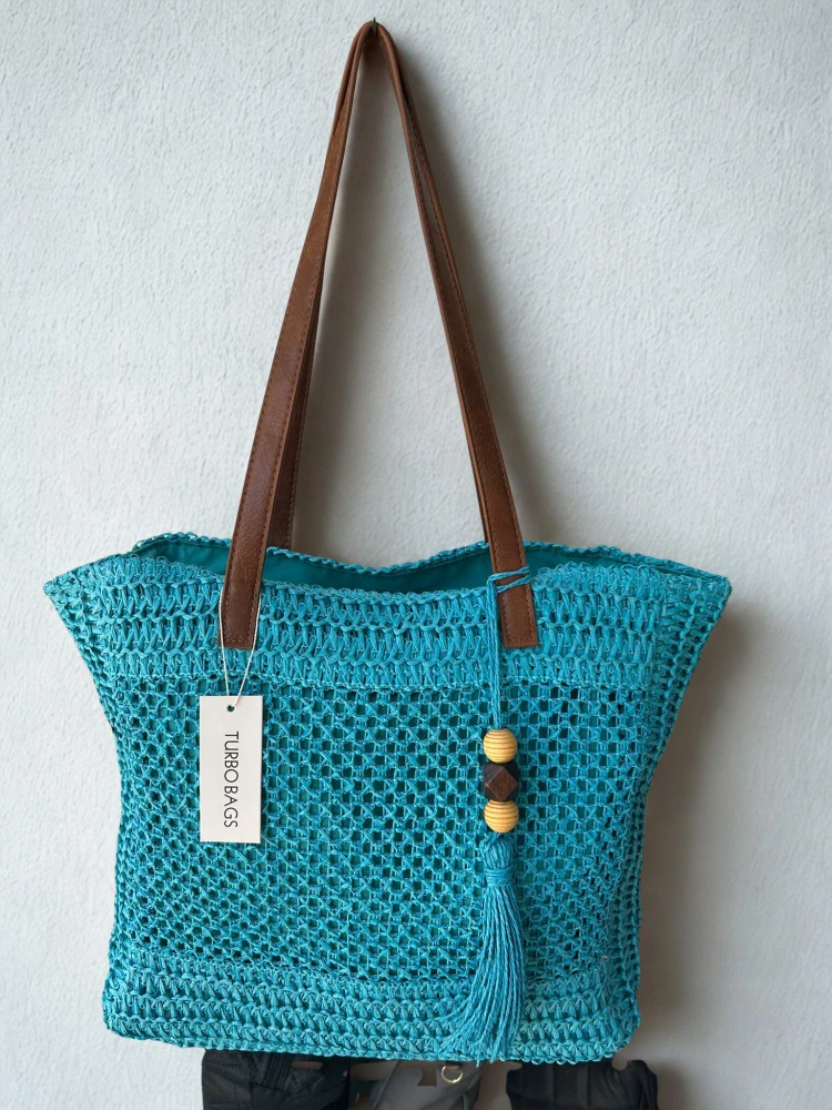 Väčšia modrá slamená kabelka na plece s dlhými rúčkami Turbobags 40x30x12