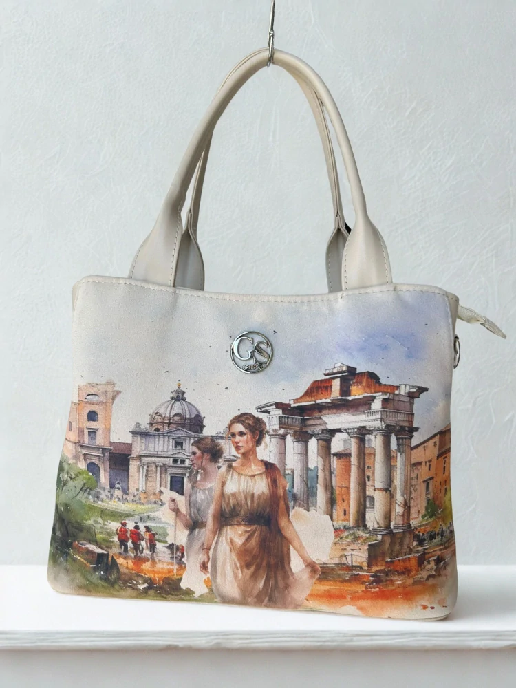 Veľká béžová crossbody kabelka s rúčkami s portrétom Grosso 30x23x15