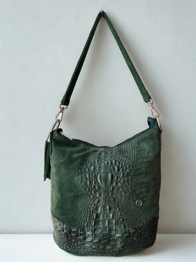 Krásna zelená kožená crossbody kabelka na plece s krokodílím vzorom Grosso 25x25x15