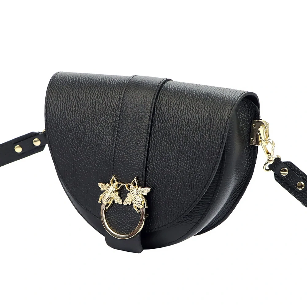 Elegantná čierna kožená crossbody kabelka s včelami Laura Biaggi 24x20x9