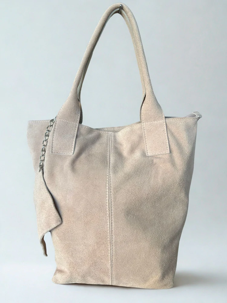 Veľká pudrová jednoduchá elegantná kožená kabelka z brúsenej kože 42x36x18