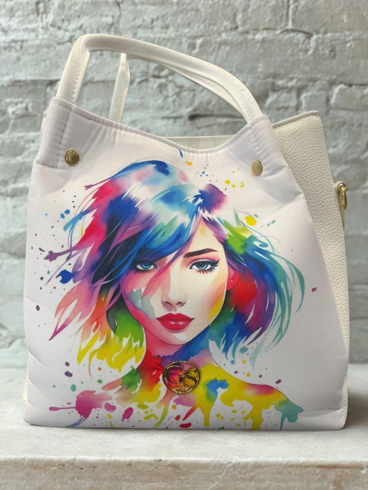 Veľká biela crossbody kabelka s rúčkami s kresbou ženy Grosso 30x29x14