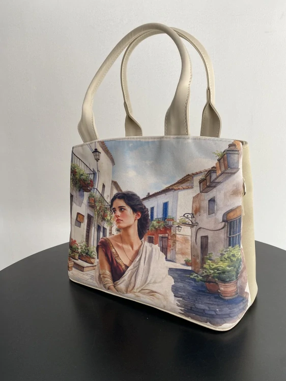 Veľká béžová crossbody kabelka Grosso – Portrét ženy 30x23x15 cm