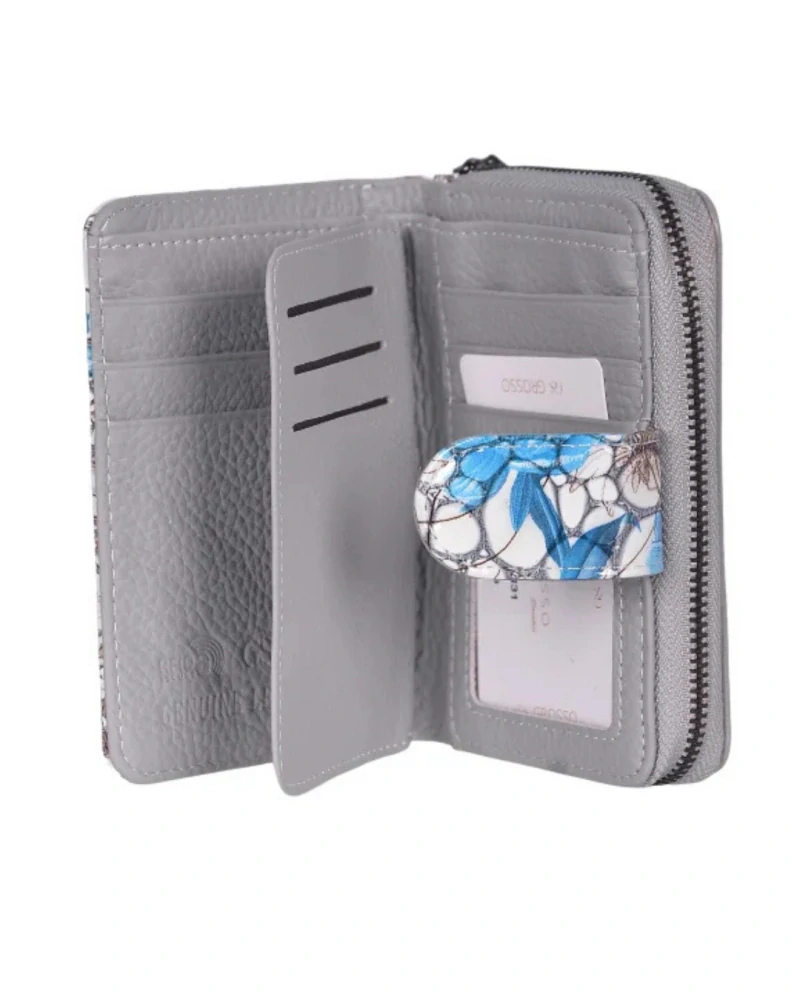 👛 Luxusná šedo-modrá dámska kožená peňaženka Grosso s lakovaným povrchom 13x9x3,5 cm